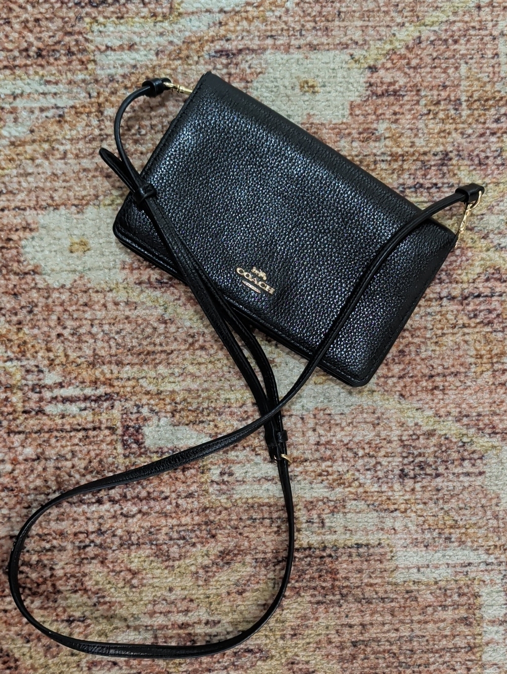 Coach Black Pebbled Leather Crossbody Wallet Bag with Gold Logo